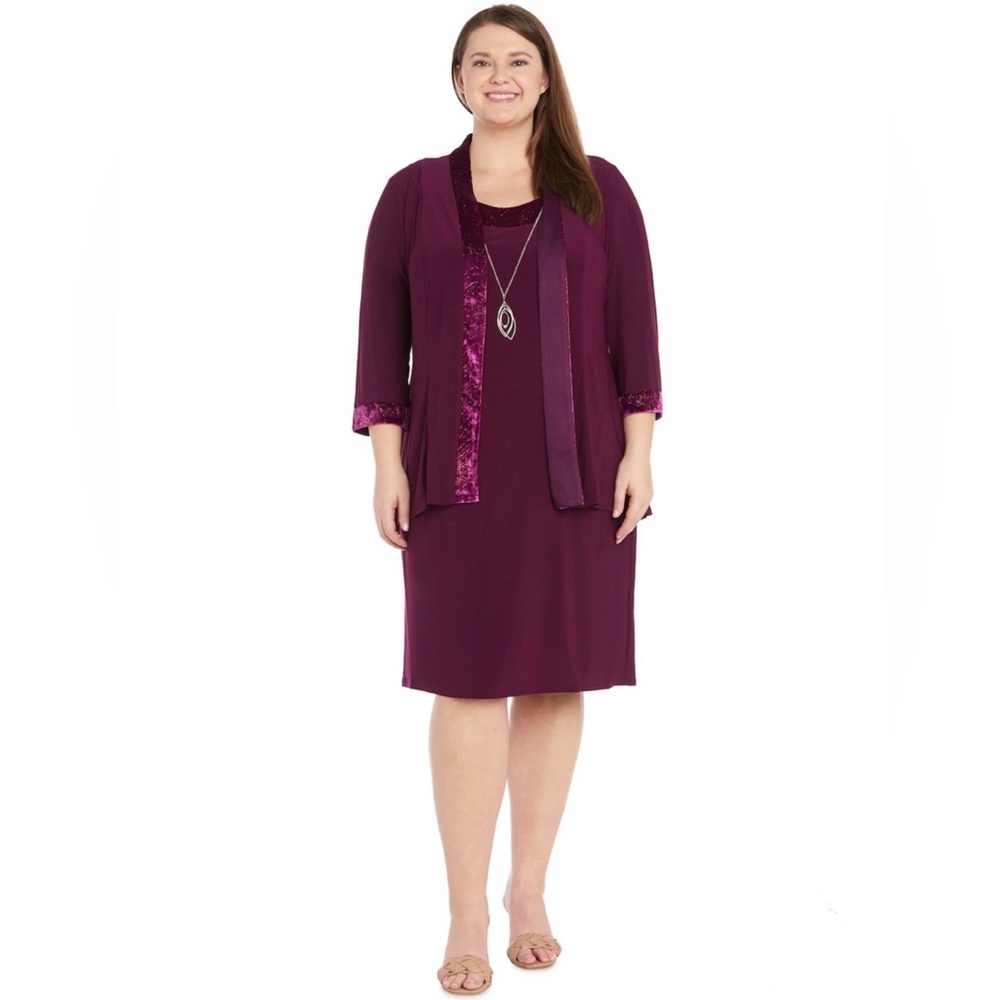 R&M Richards 2-pc Banded Glitter Velvet Trim Jacket&Dress PlusSize 22W Burgundy